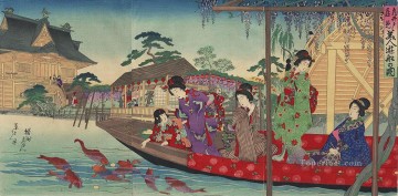 A scene of women enjoying a boat ride in front of the Kameido Tenjin Shrine Toyohara Chikanobu Japanese Oil Paintings
